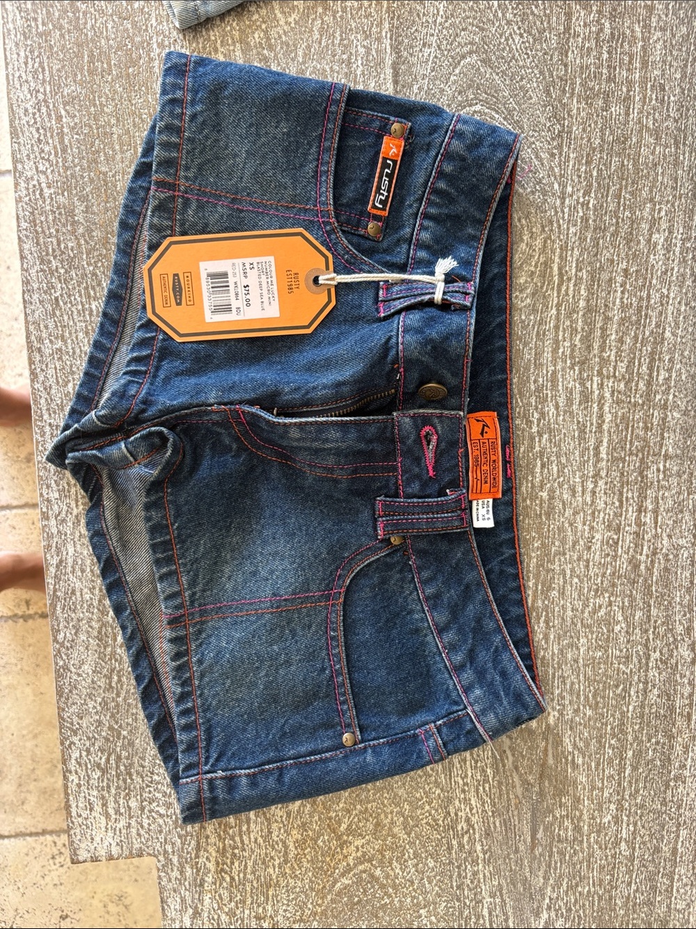 Rusty Dark Blue Denim Shorts with Pink Stitching